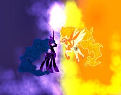 Size: 1080x845 | Tagged: safe, artist:bellas.den, daybreaker, nightmare moon, alicorn, pony, g4, duo, ethereal mane, female, flying, jewelry, mane of fire, mare, peytral, siblings, sisters, starry mane, tiara