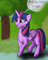 Size: 1128x1420 | Tagged: safe, artist:pew-screw, twilight sparkle, alicorn, pony, g4, blurry background, chest fluff, cutie mark, female, mare, solo, speech bubble, tempting fate, twilight day, twilight sparkle (alicorn), walking, wings