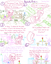 Size: 4779x6013 | Tagged: safe, artist:adorkabletwilightandfriends, daisy, flower wishes, lily, lily valley, spike, dragon, earth pony, pony, comic:adorkable twilight and friends, g4, above, above view, adorkable, adorkable friends, aerial, blank flank, blushing, break room, butt, comic, couple, cute, date, dimples, dimples of venus, dork, female, flower, food, garden, happy, humor, love, lunch, lunch break, lunch date, male, nursery, outdoors, perspective, plants, plot, pushing, romance, rose, sandwich, ship:lilyspike, shipping, shovel, sitting, slice of life, soup, stool, straight, table, wholesome, work, work bench