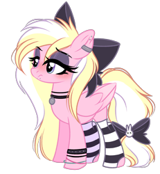 Size: 2202x2383 | Tagged: safe, artist:emberslament, oc, oc only, oc:bay breeze, pegasus, pony, blushing, bow, bracelet, clothes, collar, cute, eyeshadow, female, goth, hair bow, high res, jewelry, makeup, mare, piercing, simple background, snake bites, socks, striped socks, tail bow, transparent background