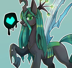 Size: 840x800 | Tagged: dead source, safe, artist:hosikawa, queen chrysalis, changeling, changeling queen, crown, female, green background, heart, jewelry, looking at you, pictogram, profile, raised hoof, regalia, simple background, smiling, solo, speech bubble