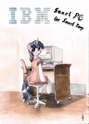 Size: 1646x2298 | Tagged: safe, artist:alexandrvirus, twilight sparkle, pony, g4, '90s, 80s, advertisement, boring, chair, clothes, computer, desk, dress, ibm, ibm pc, office, office chair, pc, poster, sitting, sitting like a human, twilight being twilight, vintage