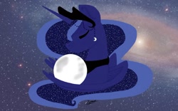 Size: 1080x675 | Tagged: safe, artist:heartshy_for_you, princess luna, alicorn, pony, g4, ear piercing, ethereal mane, eyes closed, female, galaxy, jewelry, mare, moon, night, peytral, piercing, pony bigger than a planet, solo, space, starry mane, stars, tangible heavenly object, tiara, wing hold