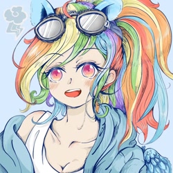 Size: 1080x1080 | Tagged: safe, artist:yaichi ayabe, kotobukiya, rainbow dash, human, g4, blue background, breasts, bust, cleavage, clothes, cute, cutie mark, dashabetes, ear fluff, eared humanization, female, goggles, hoodie, humanized, kotobukiya rainbow dash, light skin, looking at you, open mouth, pixiv, simple background, solo, tank top, winged humanization, wings