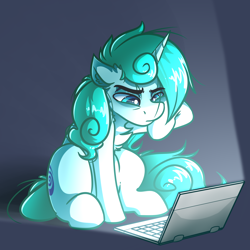 Size: 4000x4000 | Tagged: safe, artist:witchtaunter, oc, oc only, oc:rainspeak, pony, unicorn, computer, laptop computer, solo, tired