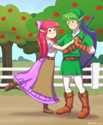 Size: 2500x3056 | Tagged: safe, artist:riouku, apple bloom, spike, human, g4, apple, apple tree, clothes, commission, cosplay, costume, female, high res, humanized, link, male, malon, shield, ship:spikebloom, shipping, straight, sweet apple acres, sword, the legend of zelda, tree, weapon