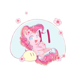 Size: 2000x2000 | Tagged: dead source, safe, artist:云观雾里, pinkie pie, earth pony, pony, g4, chibi, dumplings, female, flower, food, high res, mare, smiling, solo