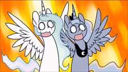 Size: 1136x640 | Tagged: safe, artist:vladivoices, princess celestia, princess luna, alicorn, pony, g4, blank eyes, blurry background, chibi, duo, gasp, mlp conquest, screaming, shocked, shocked expression, surprised