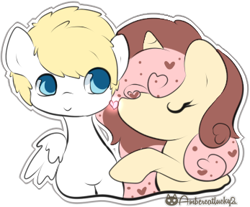 Size: 347x288 | Tagged: safe, artist:ambercatlucky2, oc, oc only, oc:chocolate strawberri vanilli breezi, oc:ice luck, pegasus, pony, unicorn, eyes closed, horn, hug, pegasus oc, simple background, transparent background, unicorn oc, wings