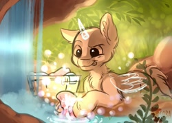 Size: 700x500 | Tagged: safe, artist:zobaloba, pony, any gender, auction, bubble, clothes, commission, grass, nature, rock, sketch, solo, washing, waterfall, your character here