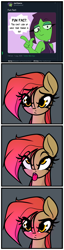 Size: 1248x4904 | Tagged: safe, artist:jetwave, artist:joel guerra, oc, oc:dala vault, earth pony, pony, ahegao, blushing, bust, comic strip, earth pony oc, eyes rolling back, eyeshadow, female, fun fact, makeup, mare, meta, open mouth, tongue out, tricked, twitter