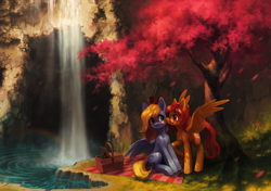 Size: 4330x3055 | Tagged: safe, artist:koviry, oc, oc only, pegasus, pony, basket, blushing, bow, cave, cheek kiss, commission, cutie mark, duo, food, glasses, hair bow, high res, kissing, nature, picnic basket, picnic blanket, round glasses, scenery, scenery porn, sitting, spread wings, tree, water, waterfall, wings