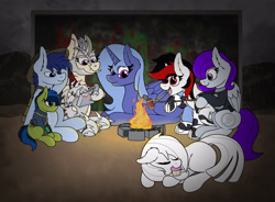 Size: 4066x3000 | Tagged: safe, artist:aaathebap, oc, oc only, oc:blackjack, oc:boo, oc:lacunae, oc:morning glory (project horizons), oc:p-21, oc:rampage, oc:scotch tape, alicorn, cyborg, cyborg pony, earth pony, pegasus, pony, unicorn, fallout equestria, fallout equestria: project horizons, g4, alicorn oc, armor, belt, billboard, blank, branded, campfire, cereal, cereal box, cupcake, dashite, dashite brand, eating, fallout, fanfic art, fire, fire pit, food, group, helmet, hoofington, horn, level 1 (project horizons), open mouth, pegasus oc, persuasion (p-21's rifle), pipbuck, small horn, smiling, sugar apple bombs, sugar bombs, utility belt, wings, wrench