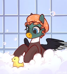 Size: 1502x1654 | Tagged: safe, artist:ijustmari, oc, oc only, oc:dolan, oc:duk, bird, duck pony, bath, bath time, cute, hat, quack, shower cap