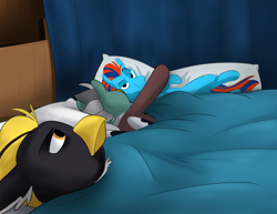Size: 3034x2340 | Tagged: safe, artist:luximus17, oc, oc:andrew swiftwing, oc:duk, oc:ping wing, bird, duck pony, ah yes me my girlfriend and her x, bed, body pillow, cute, fangirling, high res, meme, quack