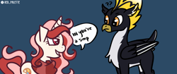 Size: 1920x804 | Tagged: safe, artist:redpalette, oc, oc:ping wing, oc:red palette, bird, hippogriff, penguin, pony, unicorn, callout, confused, simp