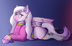 Size: 1366x882 | Tagged: safe, artist:sursiq, oc, oc only, oc:pastel song, pegasus, pony, clothes, female, long hair, one eye closed, pastel, red eyes, socks, solo, sweater, thigh highs, wink