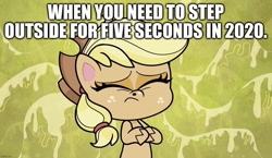 Size: 1426x828 | Tagged: safe, edit, edited screencap, screencap, applejack, pony, g4.5, my little pony: pony life, sick day, 2020, 2020 hate, caption, coronavirus, covid-19, disgusted, disgusting, image macro, sick, snot, text