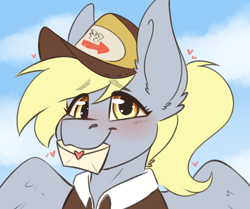 Size: 1606x1345 | Tagged: safe, artist:chubbyoddity, derpy hooves, pegasus, pony, g4, blushing, bust, cloud, cute, derpabetes, ear fluff, envelope, female, happy, heart, letter, mailmare, mare, mouth hold, portrait, sky, smiling, solo