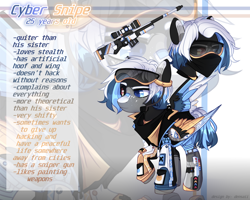 Size: 2480x1984 | Tagged: safe, artist:densaii, oc, oc only, oc:cyber snipe, cyborg, pegasus, pony, cyber-questria, amputee, artificial wings, augmented, bandana, clothes, freckles, goggles, gun, headset, jacket, male, markings, multicolored hair, prosthetic leg, prosthetic limb, prosthetic wing, prosthetics, raised hoof, reference sheet, rifle, shirt, shorts, sniper rifle, solo, stallion, t-shirt, weapon, wings