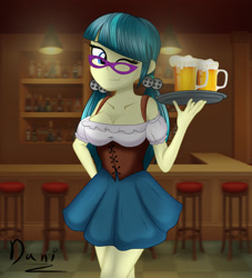 Size: 2000x2200 | Tagged: safe, artist:danielitamlp, juniper montage, equestria girls, g4, alcohol, bar, bar maid, beer, bottle, breasts, busty juniper montage, cleavage, clothes, dirndl, dress, ear piercing, earring, female, glasses, high res, jewelry, looking at you, oktoberfest, one eye closed, piercing, smiling, solo, stool, waitress, wine, wink