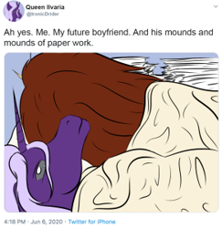 Size: 291x300 | Tagged: safe, oc, oc:fortis dux ii, oc:ilvaria, cartazonon, drider, original species, ah yes me my girlfriend and her x, bed, meme, meta, mlp conquest, paperwork, shipping, twitter