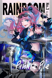 Size: 2362x3543 | Tagged: dead source, safe, artist:alice-x, pinkie pie, human, equestria girls, g4, my little pony equestria girls: rainbow rocks, belly button, clothes, collar, cymbals, drum kit, drums, drumsticks, female, glasses, hi-hat, high res, looking at you, midriff, musical instrument, one eye closed, smiling, smiling at you, solo, the rainbooms, wink