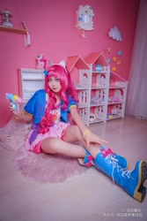 Size: 2177x3265 | Tagged: dead source, safe, artist:-洛欣曦羽-, pinkie pie, human, g4, clothes, cosplay, costume, dollhouse, female, high res, irl, irl human, photo, plushie, sitting, solo, watergun