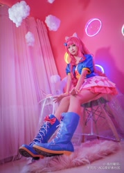 Size: 2332x3265 | Tagged: dead source, safe, artist:-洛欣曦羽-, pinkie pie, human, g4, chair, clothes, cosplay, costume, female, high res, irl, irl human, photo, sitting, solo