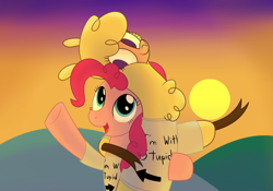 Size: 2000x1400 | Tagged: safe, artist:mightyshockwave, paprika (tfh), pinkie pie, alpaca, earth pony, pony, them's fightin' herds, g4, clothes, community related, hug, i'm with stupid, shirt, sunset, text on clothing, text on shirt