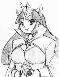 Size: 1500x1959 | Tagged: safe, artist:boastudio, twilight sparkle, alicorn, anthro, g4, the last problem, breasts, busty twilight sparkle, cleavage, clothes, crown, grayscale, jewelry, monochrome, older, older twilight, older twilight sparkle (alicorn), princess twilight 2.0, regalia, solo, twilight sparkle (alicorn)