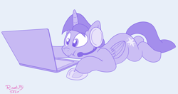 Size: 4000x2112 | Tagged: safe, artist:rupert, derpibooru exclusive, twilight sparkle, alicorn, pony, g4, computer, cute, female, gamer twilight, gaming, laptop computer, mare, monochrome, prone, scrunchy face, solo, twiabetes, twilight sparkle (alicorn)