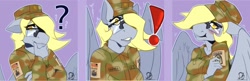 Size: 1280x416 | Tagged: safe, artist:sintacle, derpy hooves, pegasus, anthro, g4, army, blushing, commission, digital art, emotes, exclamation point, female, floppy ears, glasses, hat, question mark, shocked, shocked expression, simple background, solo, spread wings, wings