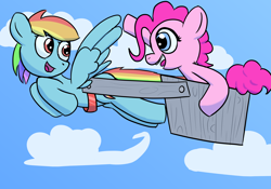 Size: 5000x3500 | Tagged: safe, artist:platypus-the-pony, pinkie pie, rainbow dash, g4, cart, flying, wings