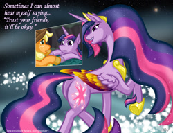 Size: 937x720 | Tagged: safe, artist:texasuberalles, applejack, twilight sparkle, alicorn, earth pony, pony, unicorn, friendship is magic, g4, the last problem, ascension realm, cloven hooves, colored hooves, colored wings, cowboy hat, duality, ethereal mane, ethereal tail, female, hat, hoof hold, jewelry, mare, older, older twilight, older twilight sparkle (alicorn), princess celestia's special princess making dimension, princess twilight 2.0, regalia, scene interpretation, self ponidox, solo focus, twilight sparkle (alicorn), unicorn twilight, unshorn fetlocks, wings