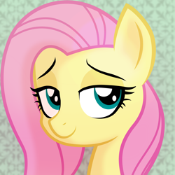 Size: 2048x2048 | Tagged: safe, ai assisted, ai content, artist:catachromatic, derpibooru exclusive, generator:thisponydoesnotexist, fluttershy, pony, g4, abstract background, ai interpretation, bedroom eyes, bust, female, high res, lidded eyes, mare, portrait, redraw, reference in the description, solo