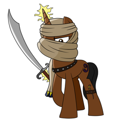 Size: 4000x4400 | Tagged: safe, artist:blazeburn386, oc, oc only, pony, snake, unicorn, angry, clothes, cutie mark, fantasy class, glowing horn, horn, knife, magic, magic aura, male, scimitar, soldier, solo, stallion, standing, sword, warrior, weapon