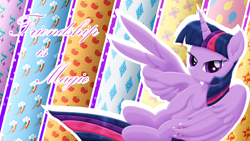 Size: 2560x1440 | Tagged: safe, artist:lifesharbinger, twilight sparkle, alicorn, pony, g4, cutie mark, female, looking at you, mare, peace sign, smiling, solo, text, twilight sparkle (alicorn), twilight sparkle day, wing hands, wings