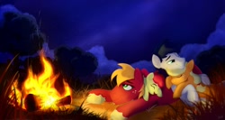 Size: 1280x683 | Tagged: safe, artist:rutkotka, apple bloom, applejack, big macintosh, oc, oc:constance everheart, g4, campfire, canon x oc, commission, cute, everjack, family, female, filly, grass, laughing, male, mare, nature, night, orchard, shipping, stallion, straight, tall grass