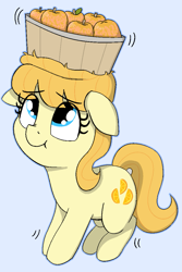 Size: 771x1155 | Tagged: safe, artist:heretichesh, aunt orange, earth pony, pony, g4, :t, apple, apple family member, aunt aww'range, balancing, bucket, female, filly, filly aunt orange, floppy ears, food, looking up, missing beauty mark, orange pippin, scrunchy face, solo, younger