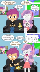 Size: 1920x3467 | Tagged: safe, artist:phantomshadow051, scootaloo, sweetie belle, equestria girls, g4, controller, crying, duo, female, gamer belle, isabelle (animal crossing), lesbian, mini comic, motion blur, now, plushie, ship:scootabelle, shipping, video game
