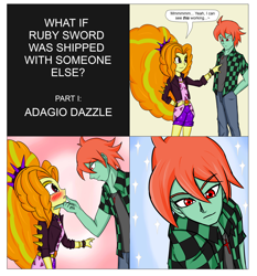 Size: 5578x5988 | Tagged: safe, artist:sodaska, adagio dazzle, oc, oc:ruby sword, equestria girls, g4, bedroom eyes, blushing, canon x oc, chin grab, comic, female, female pov, lidded eyes, looking at each other, offscreen character, pov, shipping