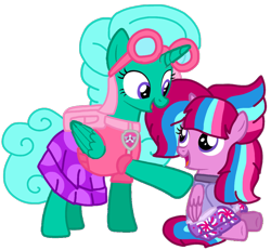 Size: 1130x1046 | Tagged: safe, alternate version, artist:徐詩珮, glitter drops, oc, oc:bubble sparkle, alicorn, pony, bubbleverse, series:sprglitemplight diary, series:sprglitemplight life jacket days, series:springshadowdrops diary, series:springshadowdrops life jacket days, g4, alicornified, alternate universe, background removed, backpack, clothes, dress, duo, eyelashes, female, glittercorn, goggles, looking back, magical lesbian spawn, magical threesome spawn, mother and child, mother and daughter, multiple parents, next generation, offspring, open mouth, parent:glitter drops, parent:spring rain, parent:tempest shadow, parent:twilight sparkle, parents:glittershadow, parents:sprglitemplight, parents:springdrops, parents:springshadow, parents:springshadowdrops, paw patrol, race swap, raised hoof, simple background, sitting, skye (paw patrol), smiling, transparent background, underhoof