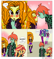 Size: 5578x6028 | Tagged: safe, artist:sodaska, adagio dazzle, aria blaze, sonata dusk, sunset shimmer, oc, oc:ruby sword, equestria girls, g4, bait and switch, bedroom eyes, blushing, canon x oc, crossed arms, ear pull, grumpy, kiss denied, lidded eyes, looking at each other, male, male pov, offscreen character, pouting, pov, puckered lips, shipping, shipping denied, sunsword, the dazzlings