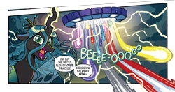 Size: 2761x1462 | Tagged: safe, idw, queen chrysalis, changeling, g4, spoiler:comic, spoiler:friendship in disguise, spoiler:friendship in disguise01, cropped, space bridge, transformers