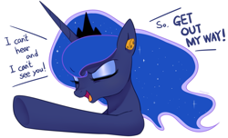 Size: 2009x1221 | Tagged: safe, artist:maren, princess luna, alicorn, pony, g4, cork, crown, dialogue, ear plugs, eyes closed, female, jewelry, regalia, simple background, solo, white background