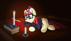 Size: 3500x2028 | Tagged: safe, artist:kumakum, moondancer, pony, unicorn, g4, book, candle, clothes, cute, dancerbetes, dark, female, frog (hoof), glasses, high res, mare, reading, solo, sweater, underhoof
