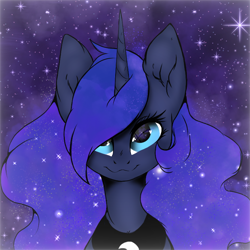 Size: 768x768 | Tagged: safe, artist:drakekok, princess luna, alicorn, pony, g4, blue eyes, bust, cute, detailed, ethereal mane, female, looking at you, lunabetes, night, portrait, sky, smiling at you, solo, starry mane, starry sky, stars