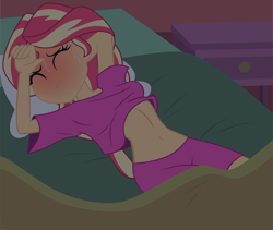 Size: 9546x8051 | Tagged: source needed, safe, artist:darkplayerferraz269, sunset shimmer, equestria girls, absurd resolution, arm behind head, base used, bed, bedroom, bedsheets, bedside stand, belly button, blanket, blushing, breasts, clothes, eyebrows, eyebrows up, eyelashes, female, heat, indoors, midriff, muticolored hair, night, nightmare, pajamas, pillow, red face, shirt, shirt lift, shorts, sleep shorts, sleep t-shirt, sleeping, solo, sweat, t-shirt