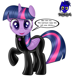Size: 3840x4154 | Tagged: safe, artist:damlanil, twilight sparkle, alicorn, pony, g4, bodysuit, clothes, collar, comic, cutie mark collar, female, horn, latex, latex suit, looking at you, makeup, mare, raised hoof, rubber, shiny, shiny mane, show accurate, simple background, solo, text, transparent background, twilight sparkle (alicorn), vector, wings